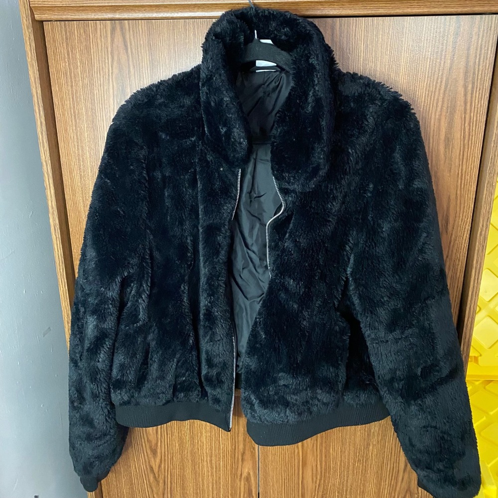 No Boundaries Faux Fur Bomber Jacket Women XXL Black Zip Up